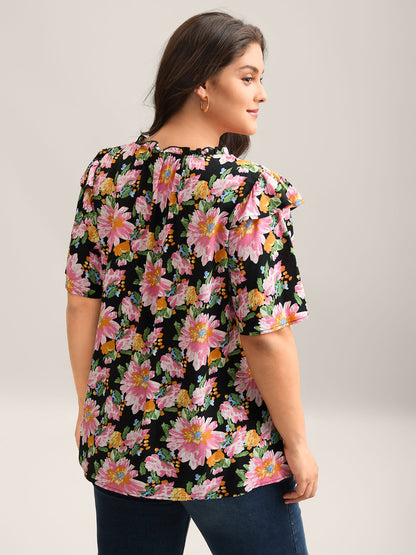 Large Flower Print Layered Sleeve Shirt