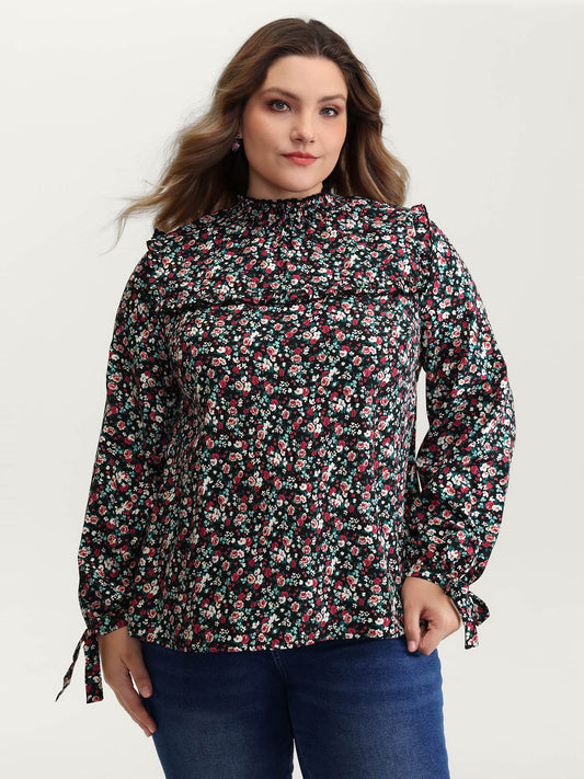 Floral Print Shirred Sleeve Tie Blouse