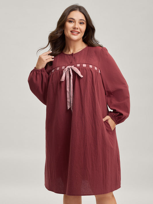 Cotton Webbed Stripe Button A-Line Midi Dress