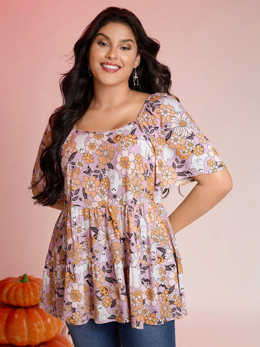 Rayon Halloween Floral Print Blouse