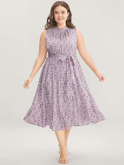 Ditsy Floral Keyhole Pocket Belted Mock Neck Ruffles Dress