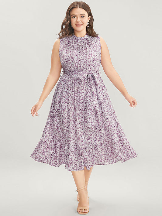 Ditsy Floral Keyhole Pocket Belted Mock Neck Ruffles Dress