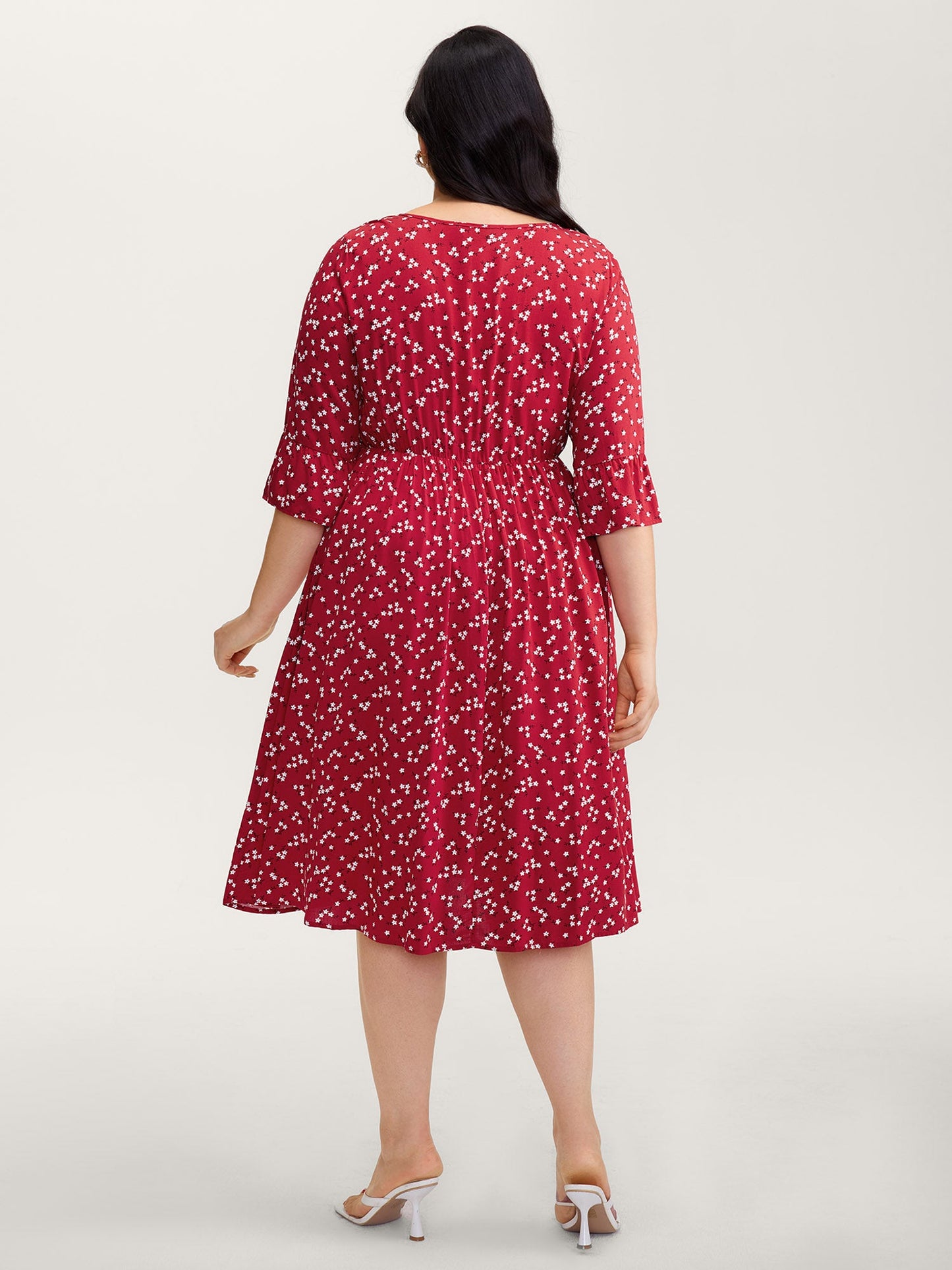 Floral Print Shirred Cut-Out Neck Midi Dress