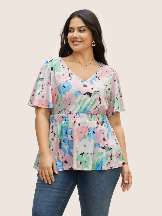 V Neck Floral Shirred Flutter Sleeve T-shirt