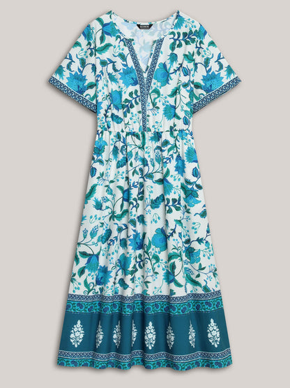 Boho Print Notched Collar Midi Dress