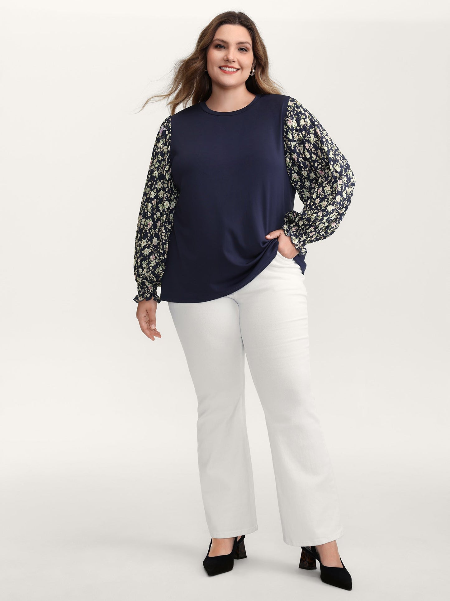 Floral Contrast Stretchy Knit Top
