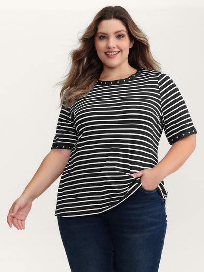 Stripe Rivets Contrast Edge T-Shirt