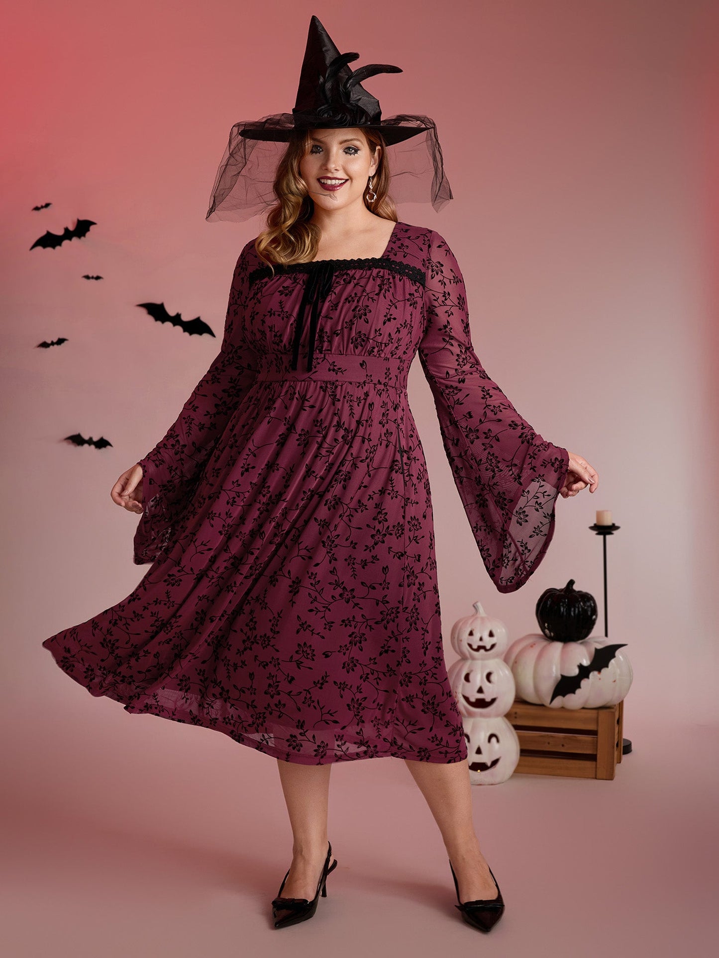 Floral Flocked Lace Cinched-Waist Midi Dress