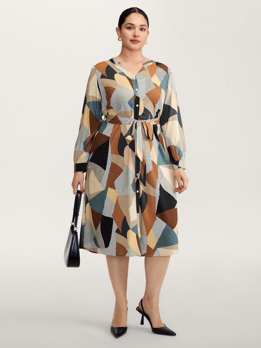 Geometric Print Contrast Tab Sleeve Midi Dress