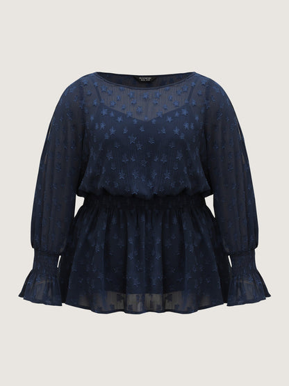Star Jacquard Print Shirred Ruffled Blouse