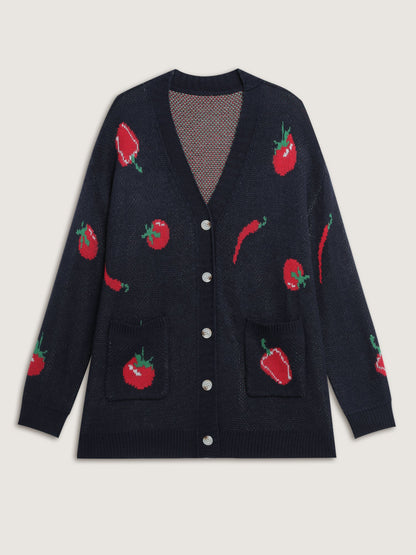 Tomato Chili Print Button Knit Cardigan