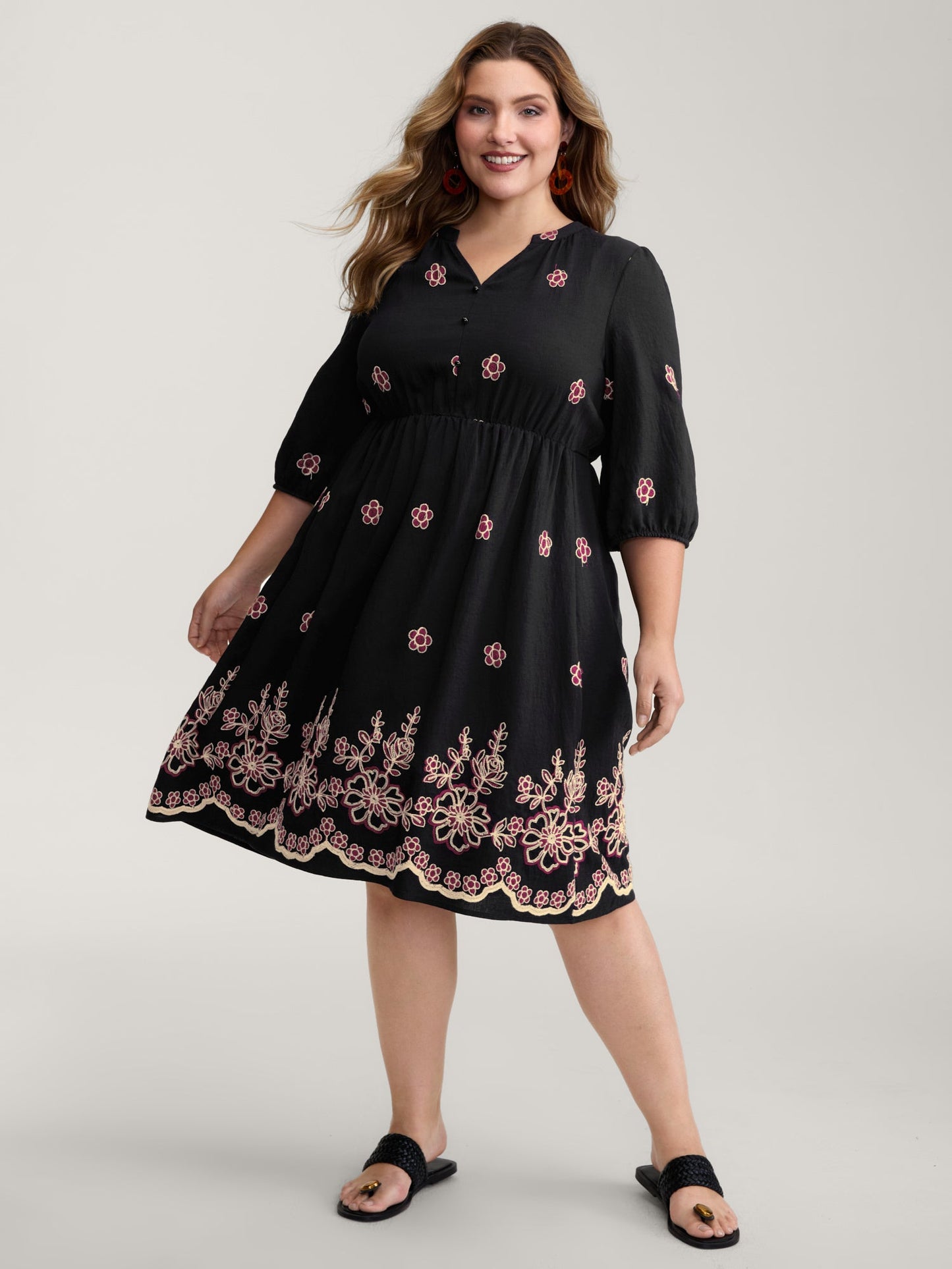 Floral Embroidery Notched Collar Knee-Length Dress