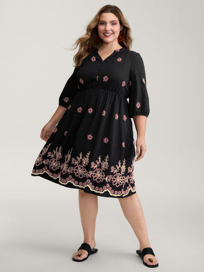 Floral Embroidery Notched Collar Knee-Length Dress