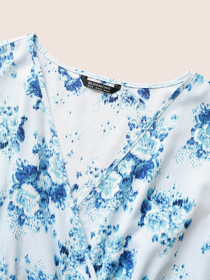 Overlap Collar Floral Sleeveless Ruched Dress