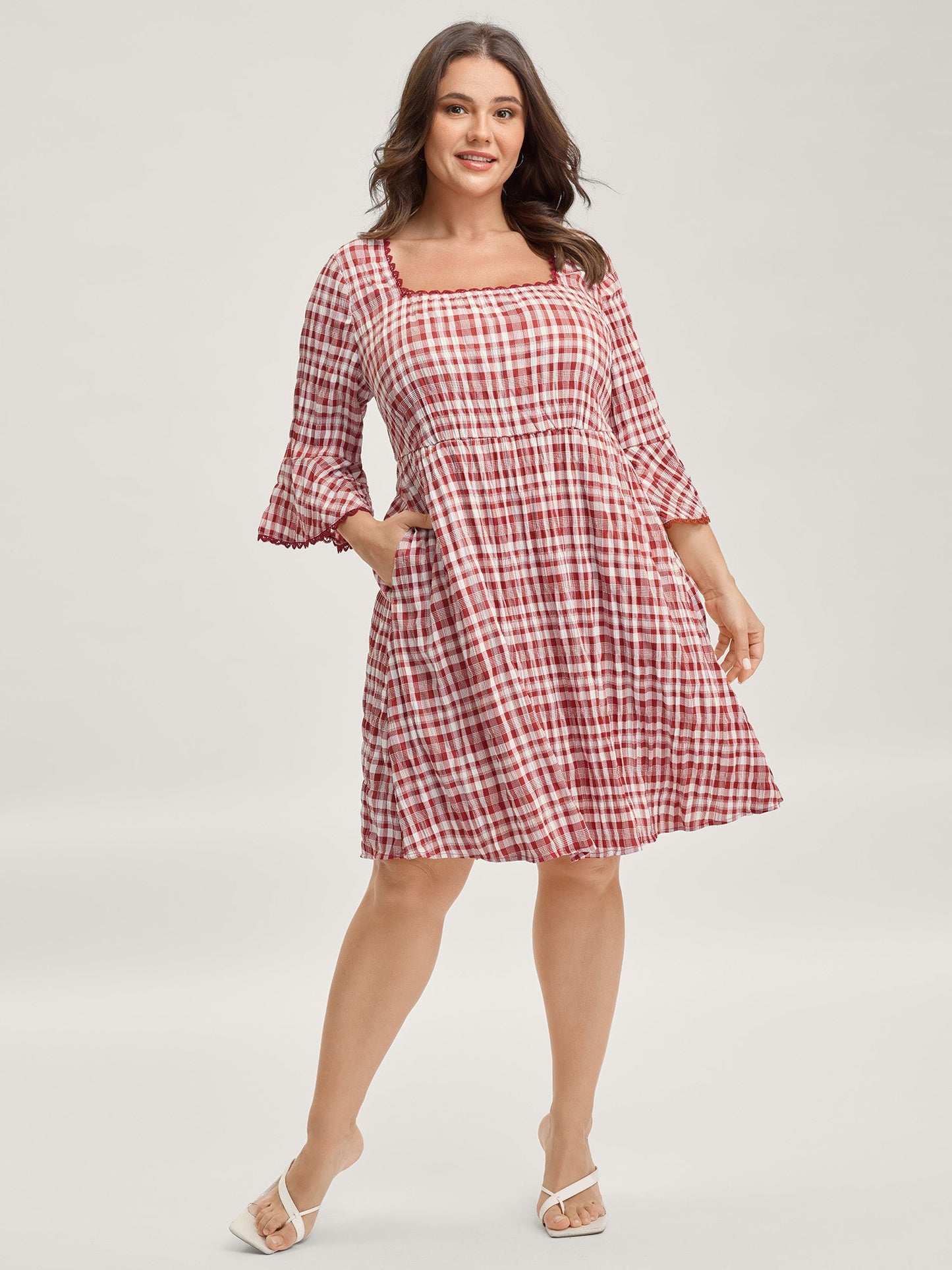 Gingham Print Stretchy Waist Back-Tie Midi Dress