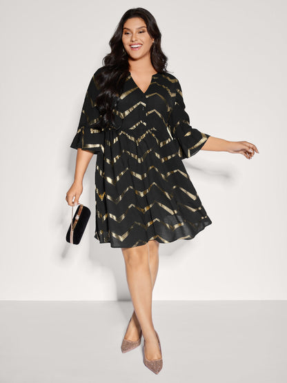 Gold Foil Wavy Knee-Length Dress