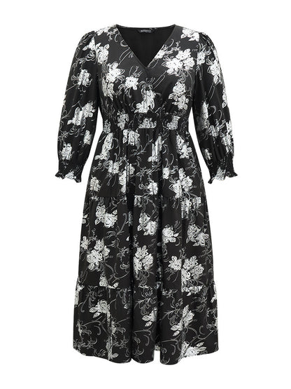 Silhouette Floral Print Glitter Wrap Shirred Dress