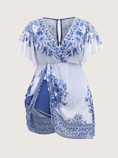 Boho Print Sheer Back Adjustable Buckle Swim Dress