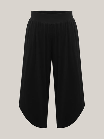 Rubber Waist Curved Hem Wide Leg Pants