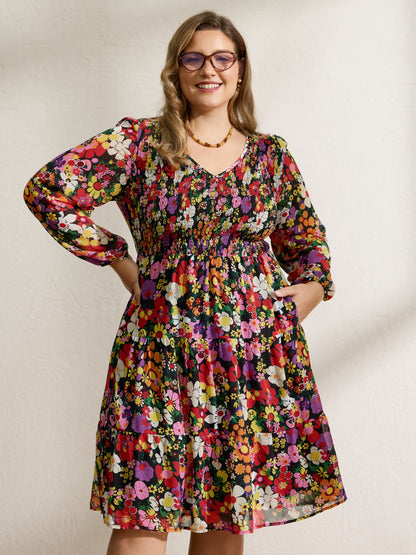 Floral Shirred Pockets Stretchy Waist Midi Dress