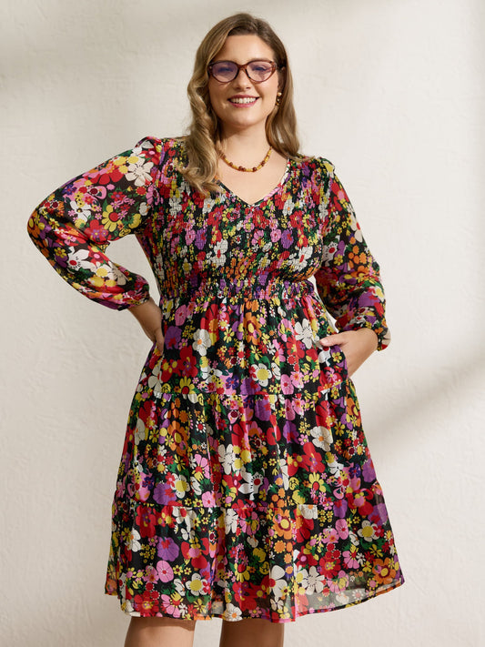 Floral Shirred Pockets Stretchy Waist Midi Dress