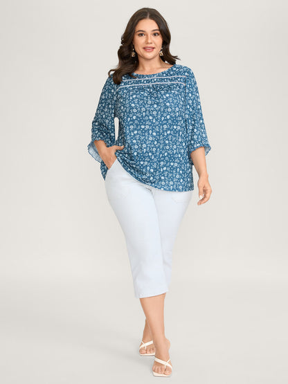 Floral Print Lace Trim Ruffled Sleeve Top