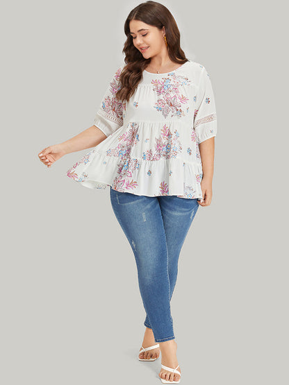 Floral Print Patchwork Ruffle Layered Hem Lantern Sleeve Blouse