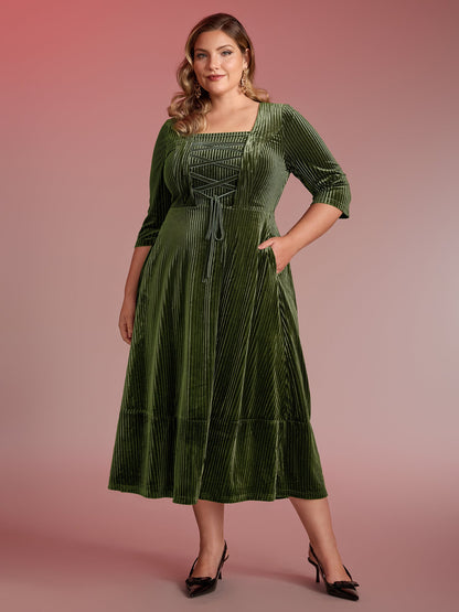 Adjustable Cross-Tie Velvet Stretchy Waist Midi Dress