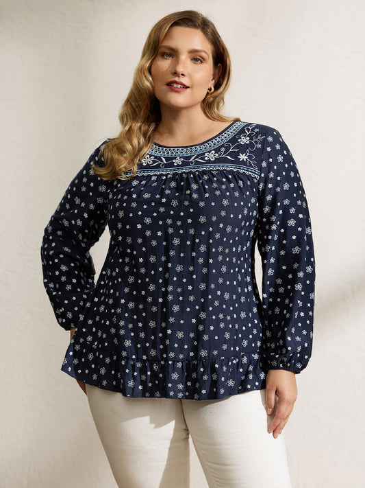Supersoft Embroidered Ruffled Hem Blouse