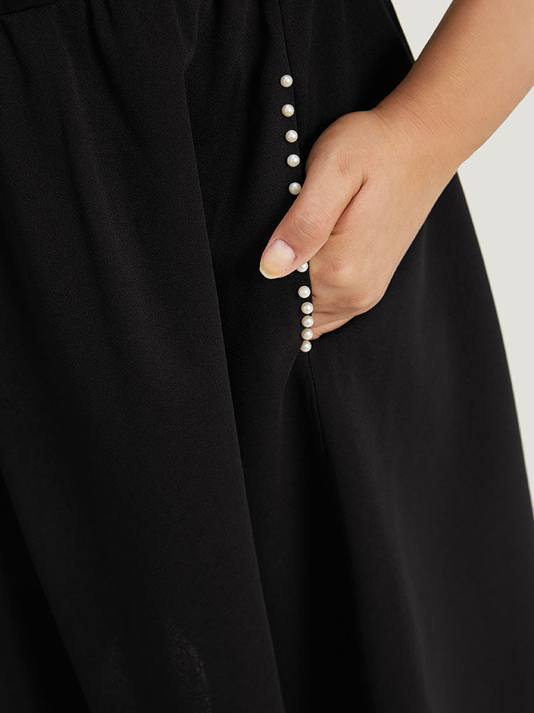 Plain Pocket Pearl Beaded Detail Gathered Dress