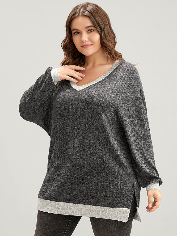 Contrast Trim Split Hem Textured V Neck Sweatshirt