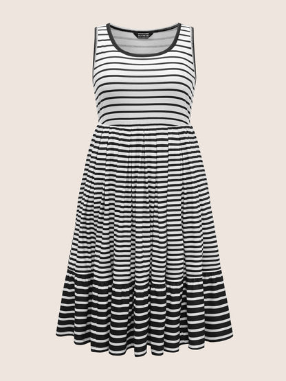 Striped Ruffle Layered Hem Tank Midi Dress