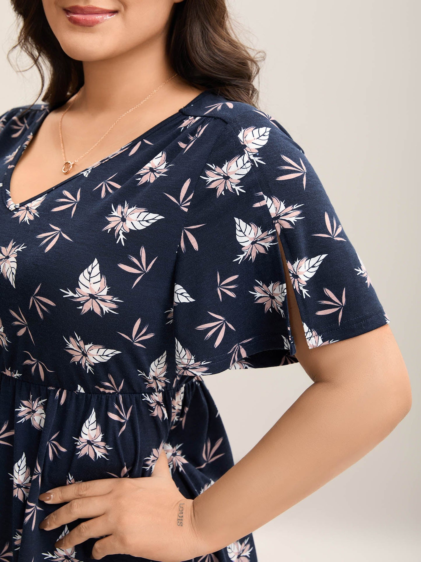 Floral Print Lotus Leaf Sleeve Knit Top