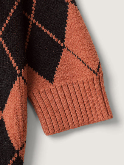 Checkered Jacquard Hooded Pockets Knit Cardigan