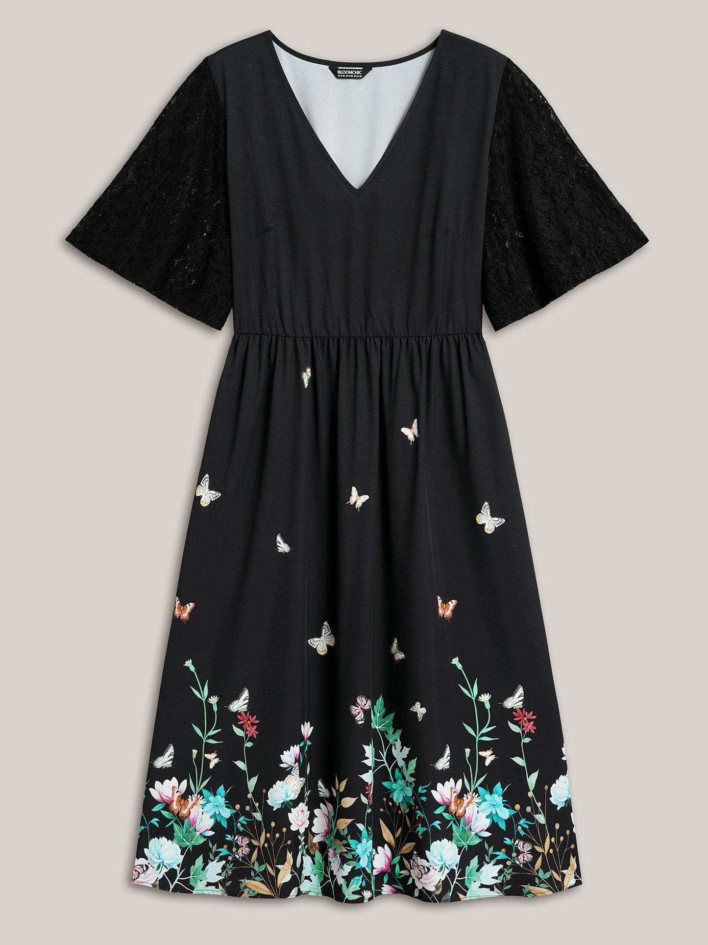 Gardenia Print Waist-Cinched Lace Midi Dress