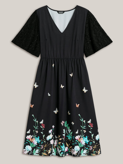 Gardenia Print Waist-Cinched Lace Midi Dress