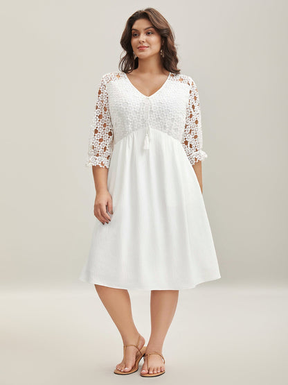 Sheer Lace Sleeve Pockets Flowy Midi Dress