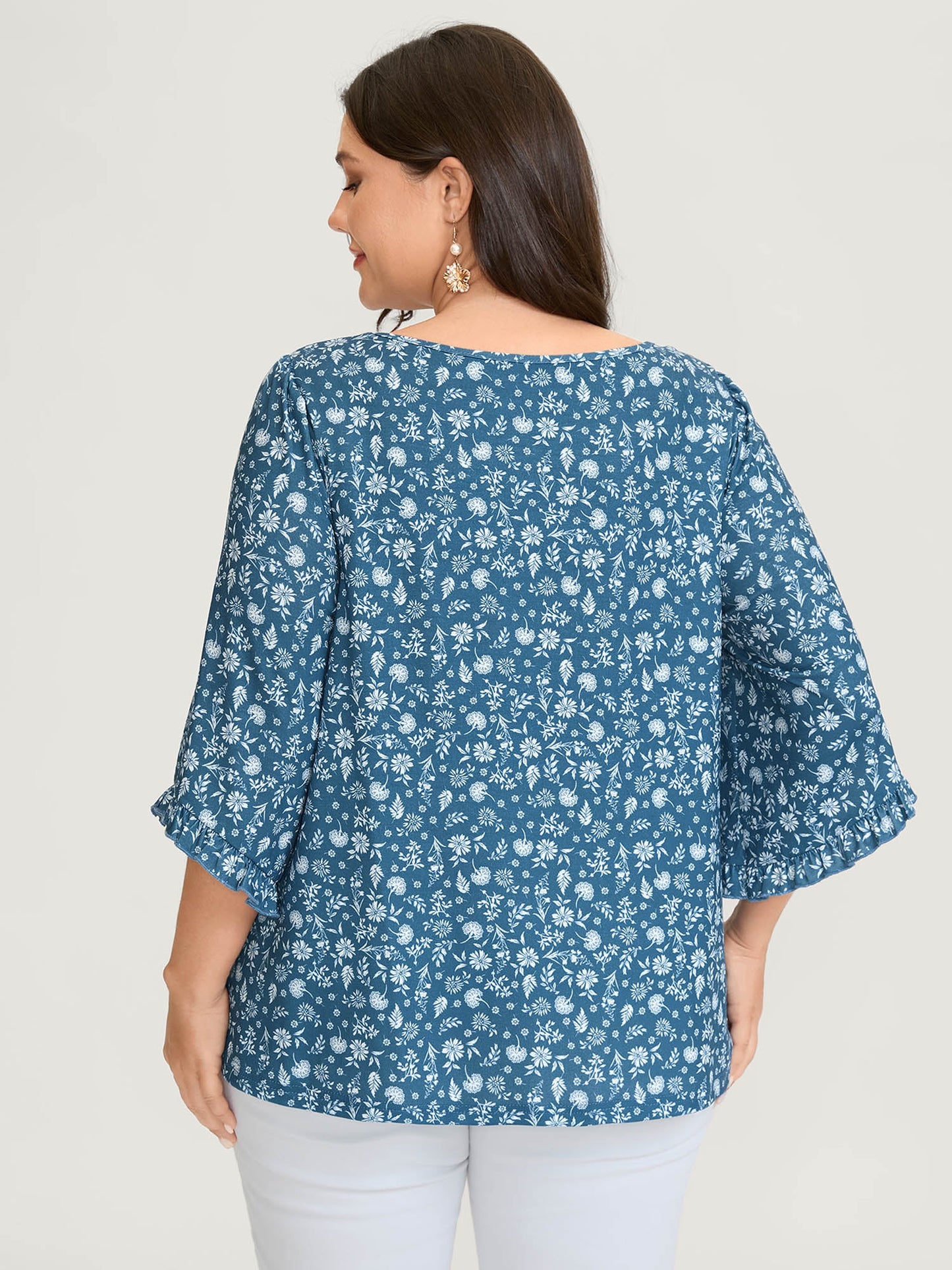 Floral Print Lace Trim Ruffled Sleeve Top
