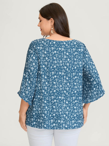 Floral Print Lace Trim Ruffled Sleeve Top