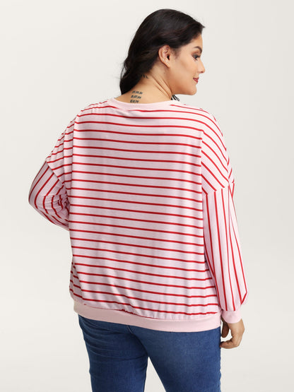 Stripe Snap Button Round Neck Sweatshirt