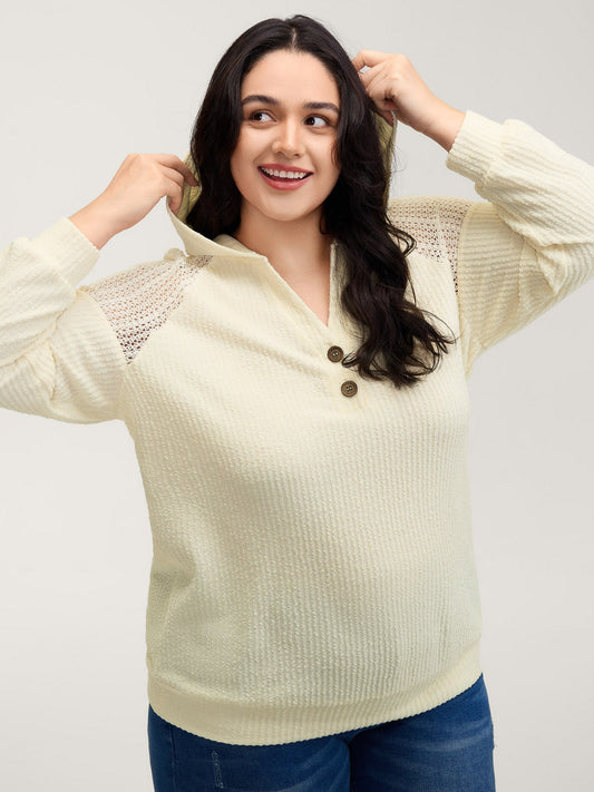 Textured Spliced Button Detail Hoodie