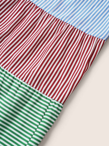 Contrast Striped Patchwork Shirred Ties Dress