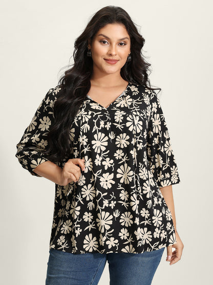 Floral Sleeve Neck-Tie A-Line Blouse