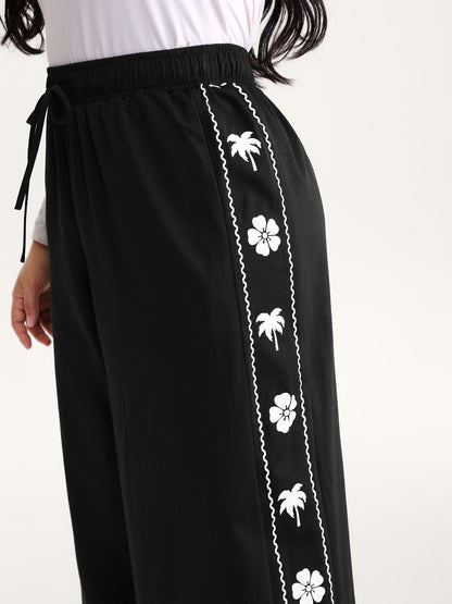 Floral Side Drawstring Wide-Leg Pants