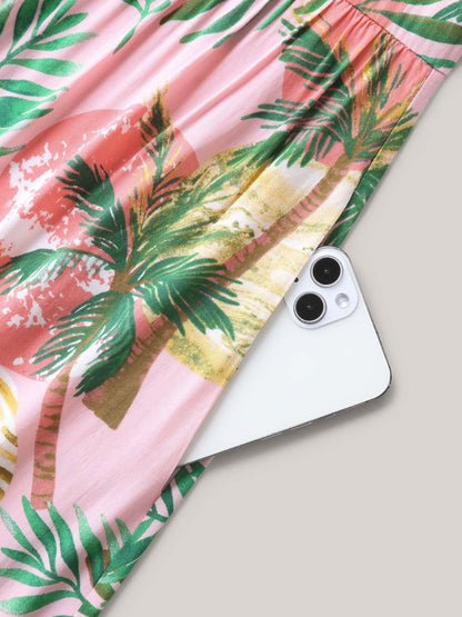 Tropical Print Cinched-Waist Pockets Midi Dress