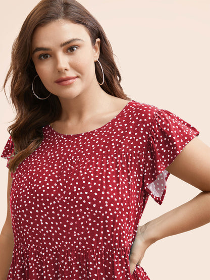 Allover Print Cap Sleeve Ruffle Hem Gathered Blouse