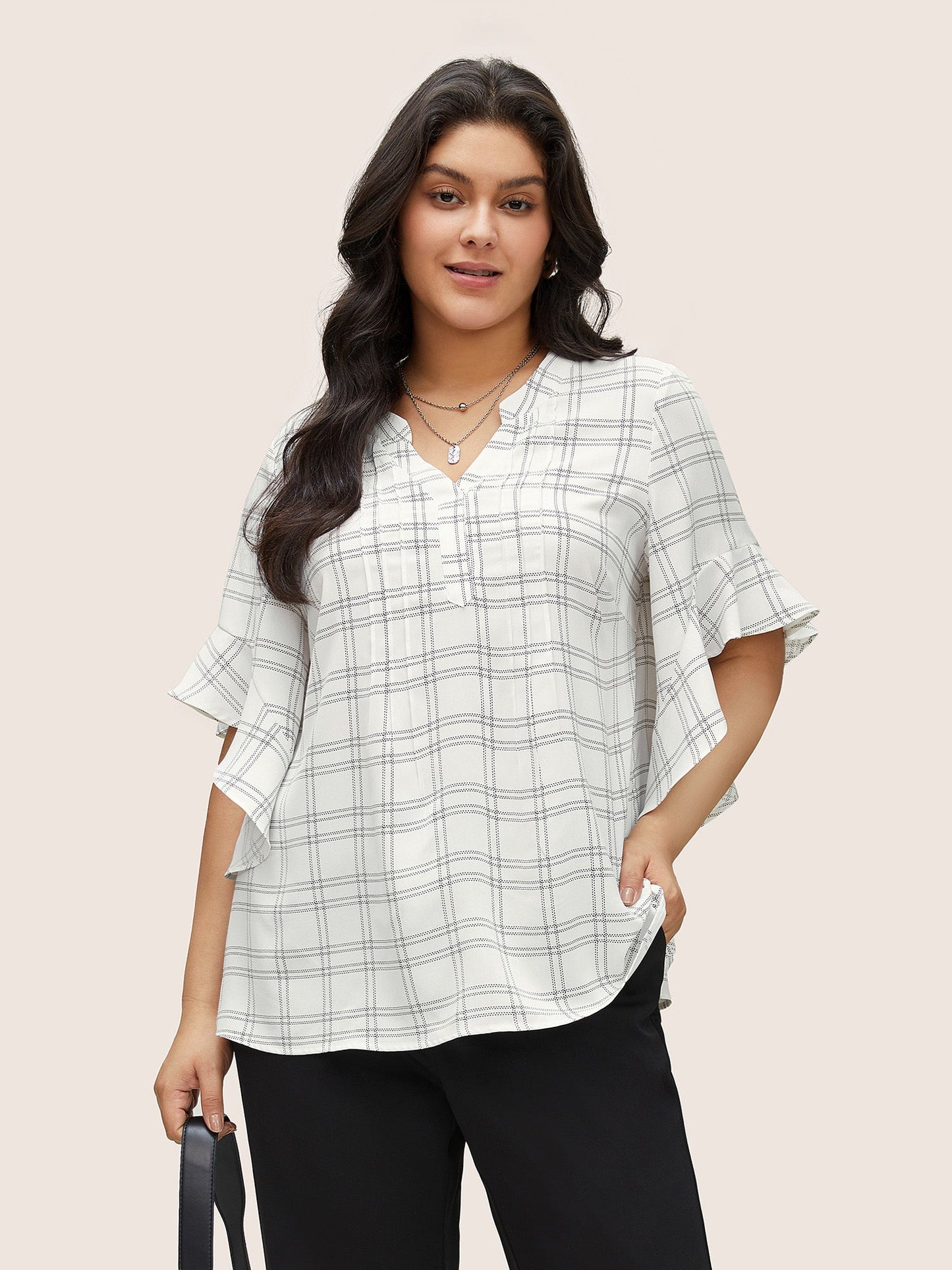 Plaid Notched Patchwork Ruffle Sleeve Blouse