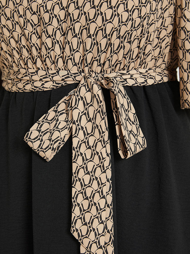 Geometric Patchwork Pocket Belted Cold Shoulder Dress