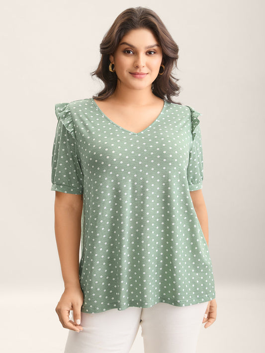 Polka Dots Stretchy Puff Sleeve Top