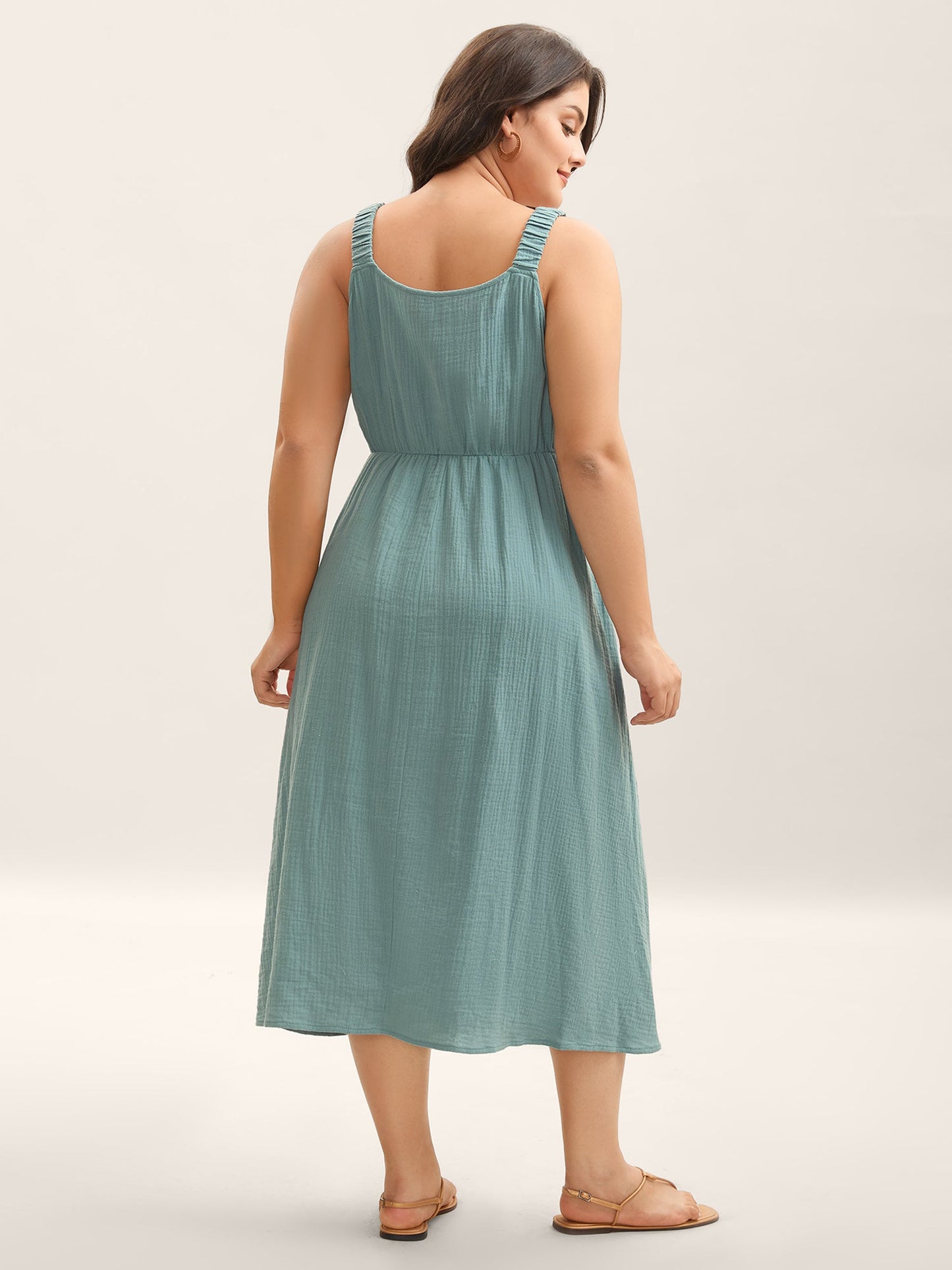 Cotton Textured Cinched-Waist A-Line Midi Dress